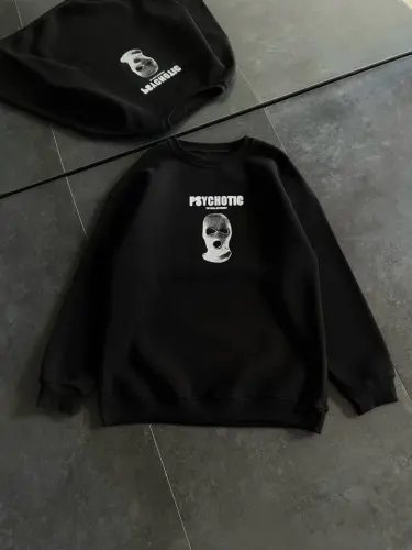 Kışlık Bisiklet Yaka Baskılı SweatShirt - Siyah - BÜYÜKBEDENIZ (1)