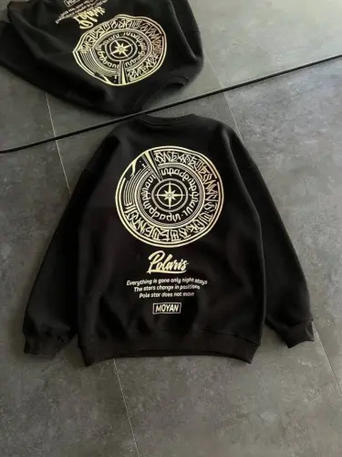 Kışlık Bisiklet Yaka Ön Ve Arka Baskılı SweatShirt - Siyah - BÜYÜKBEDENIZ (1)