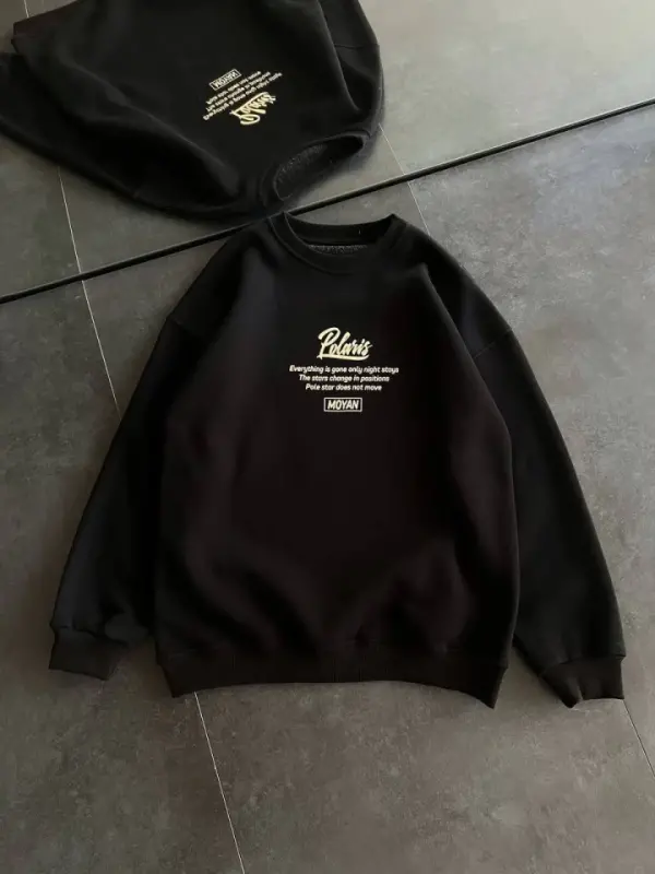 Kışlık Bisiklet Yaka Ön Ve Arka Baskılı SweatShirt - Siyah - 1