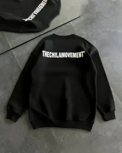 Kışlık Bisiklet Yaka Oversize Baskılı SweatShirt - Siyah - BÜYÜKBEDENIZ (1)