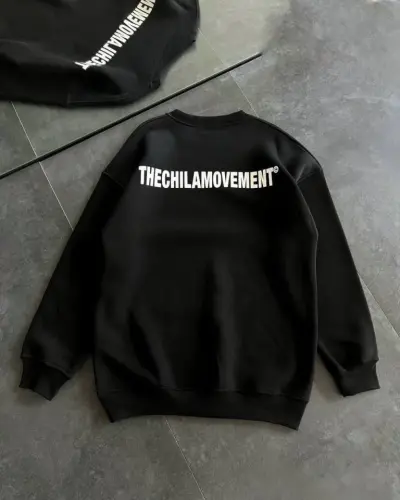 Kışlık Bisiklet Yaka Oversize Baskılı SweatShirt - Siyah - BÜYÜKBEDENIZ (1)