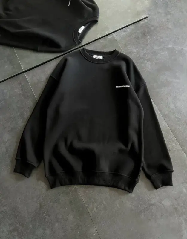 Kışlık Bisiklet Yaka Oversize Baskılı SweatShirt - Siyah - 3