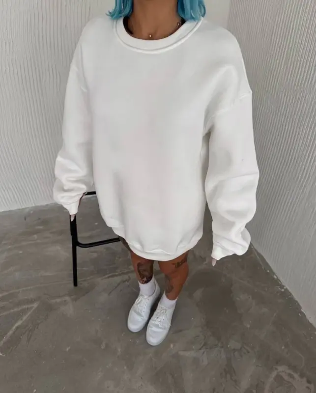 Kışlık Bisiklet Yaka Üç İplik Basic SweatShirt - Beyaz - BÜYÜKBEDENIZ