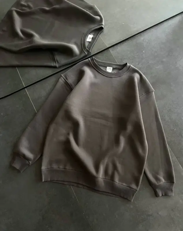 Kışlık Bisiklet Yaka Üç İplik Basic SweatShirt - Füme - BÜYÜKBEDENIZ