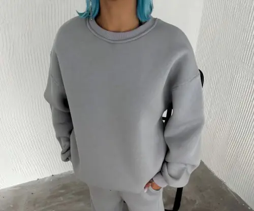 Kışlık Bisiklet Yaka Üç İplik Basic SweatShirt - Gri - BÜYÜKBEDENIZ (1)