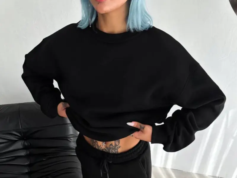 Kışlık Bisiklet Yaka Üç İplik Basic SweatShirt - Siyah - BÜYÜKBEDENIZ