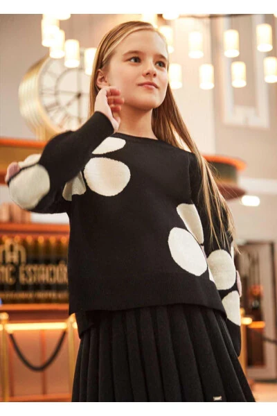 Kışlık Kız Çocuk Çiçekli Kazak - Siyah - Modazone