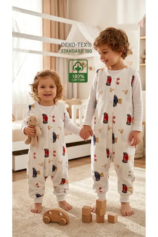 Kışlık Pamuklu Pazen Uyku Tulumu , 1 Tog Organik Çocuk Ve Bebek Uyku Tulumu, Kolsuz Unisex Tulum - Arabalı - Las Vivas Kids