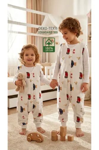 Kışlık Pamuklu Pazen Uyku Tulumu , 1 Tog Organik Çocuk Ve Bebek Uyku Tulumu, Kolsuz Unisex Tulum - Arabalı - 1