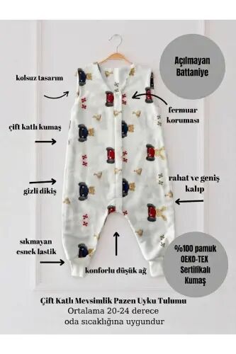 Kışlık Pamuklu Pazen Uyku Tulumu , 1 Tog Organik Çocuk Ve Bebek Uyku Tulumu, Kolsuz Unisex Tulum - Arabalı - 3