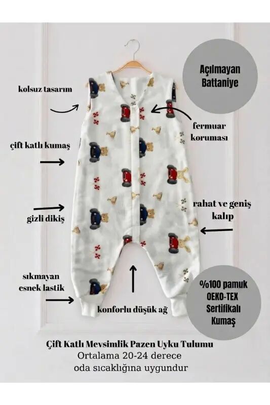 Kışlık Pamuklu Pazen Uyku Tulumu , 1 Tog Organik Çocuk Ve Bebek Uyku Tulumu, Kolsuz Unisex Tulum - Arabalı - 3