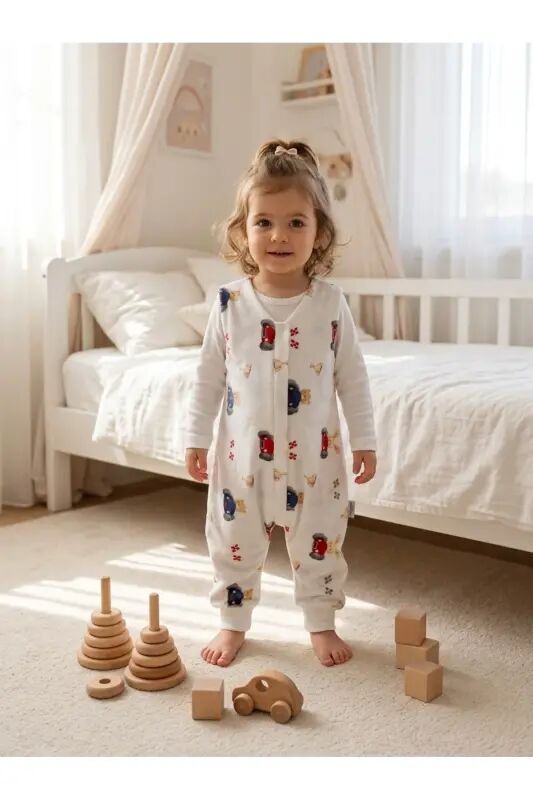 Kışlık Pamuklu Pazen Uyku Tulumu , 1 Tog Organik Çocuk Ve Bebek Uyku Tulumu, Kolsuz Unisex Tulum - Arabalı - 6
