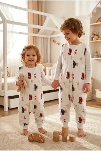 Kışlık Pamuklu Pazen Uyku Tulumu , 1 Tog Organik Çocuk Ve Bebek Uyku Tulumu, Kolsuz Unisex Tulum - Arabalı - 7