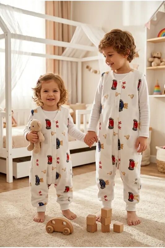 Kışlık Pamuklu Pazen Uyku Tulumu , 1 Tog Organik Çocuk Ve Bebek Uyku Tulumu, Kolsuz Unisex Tulum - Arabalı - 7