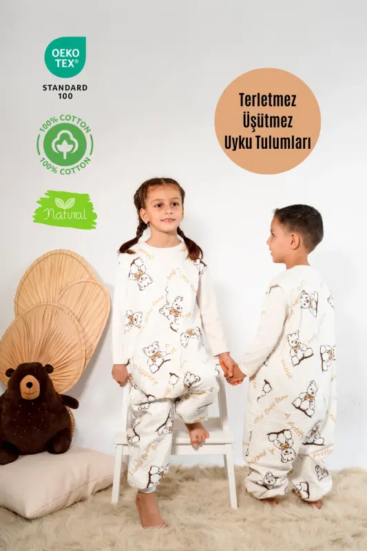 Kışlık Pamuklu Pazen Uyku Tulumu , 1 Tog Organik Çocuk Ve Bebek Uyku Tulumu, Kolsuz Unisex Tulum-Kahverengi - 1