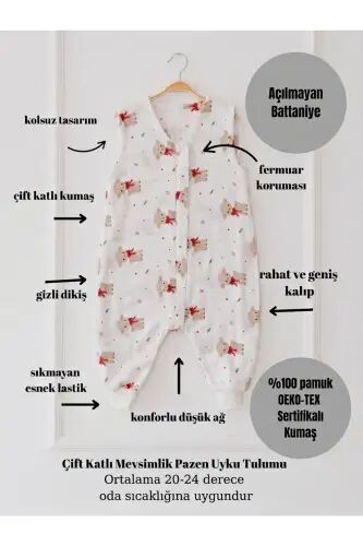Kışlık Pamuklu Pazen Uyku Tulumu , 1 Tog Organik Çocuk Ve Bebek Uyku Tulumu, Kolsuz Unisex Tulum - Kuzucuk - 5
