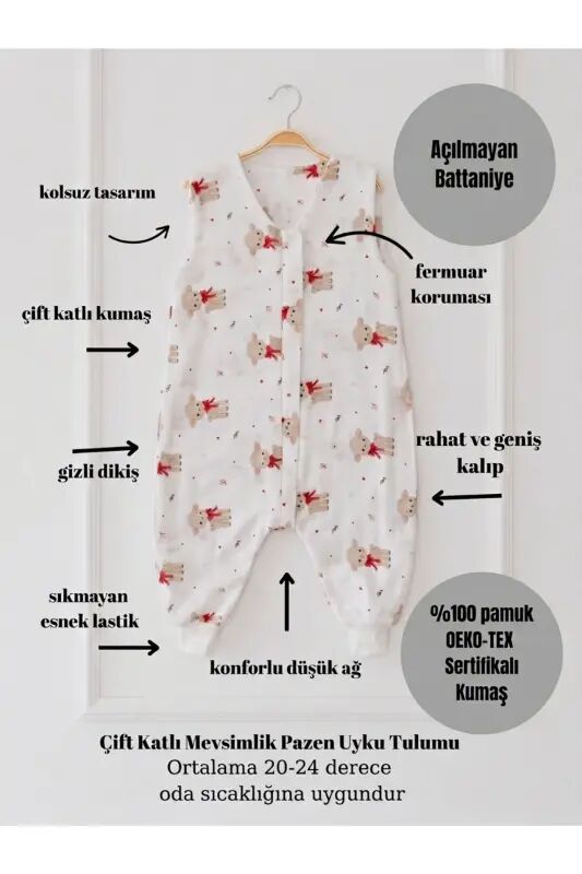 Kışlık Pamuklu Pazen Uyku Tulumu , 1 Tog Organik Çocuk Ve Bebek Uyku Tulumu, Kolsuz Unisex Tulum - Kuzucuk - 5