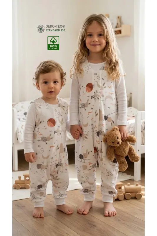Kışlık Pamuklu Pazen Uyku Tulumu , 1 Tog Organik Çocuk Ve Bebek Uyku Tulumu, Kolsuz Unisex Tulum - Tavşanlı - 1