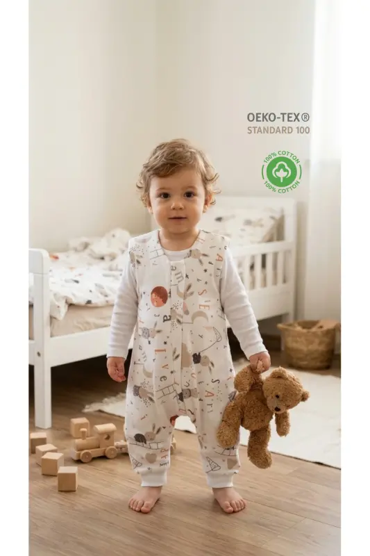 Kışlık Pamuklu Pazen Uyku Tulumu , 1 Tog Organik Çocuk Ve Bebek Uyku Tulumu, Kolsuz Unisex Tulum - Tavşanlı - 7