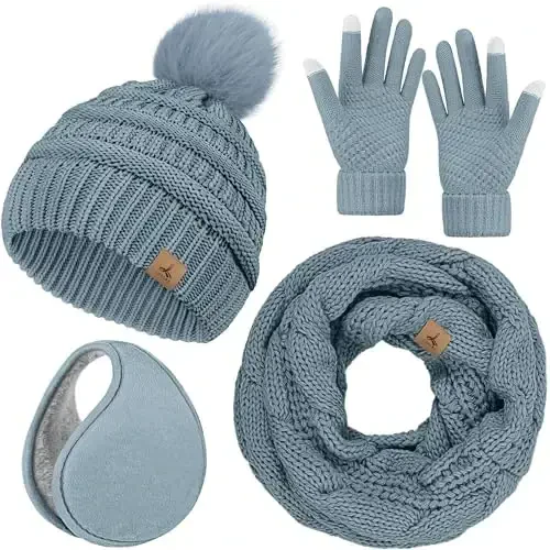 Winter Hat Scarf Gloves and Ear Warmer, Warm Knit Beanie Hat Touch Screen Gloves Set Winter Gifts Neck Scarves for Women 