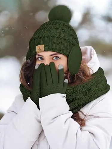 Winter Hat Scarf Gloves and Ear Warmer, Warm Knit Beanie Hat Touch Screen Gloves Set Winter Gifts Neck Scarves for Women - 6