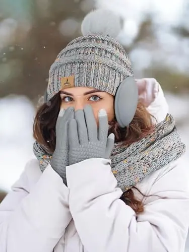 Winter Hat Scarf Gloves and Ear Warmer, Warm Knit Beanie Hat Touch Screen Gloves Set Winter Gifts Neck Scarves for Women - 5