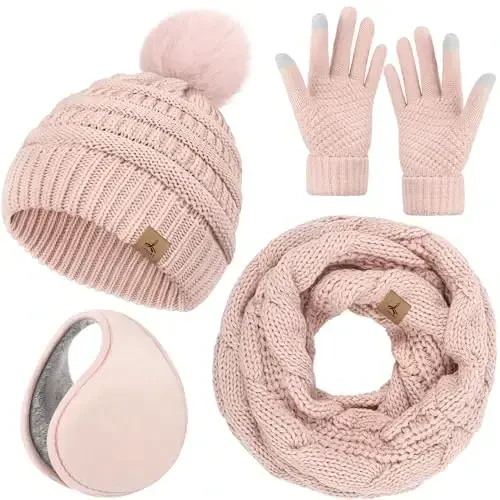 Winter Hat Scarf Gloves and Ear Warmer, Warm Knit Beanie Hat Touch Screen Gloves Set Winter Gifts Neck Scarves for Women 