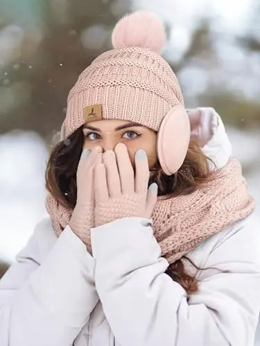 Winter Hat Scarf Gloves and Ear Warmer, Warm Knit Beanie Hat Touch Screen Gloves Set Winter Gifts Neck Scarves for Women - 6