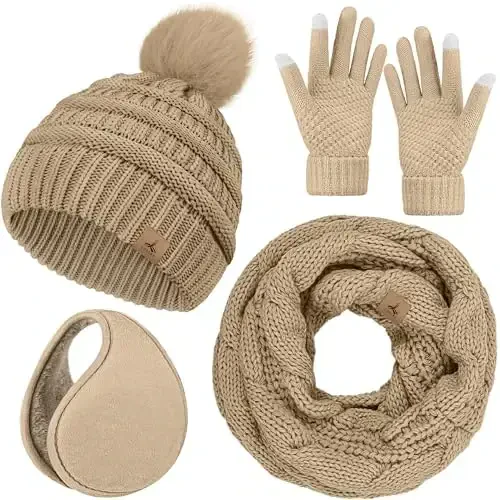 Winter Hat Scarf Gloves and Ear Warmer, Warm Knit Beanie Hat Touch Screen Gloves Set Winter Gifts Neck Scarves for Women - 1