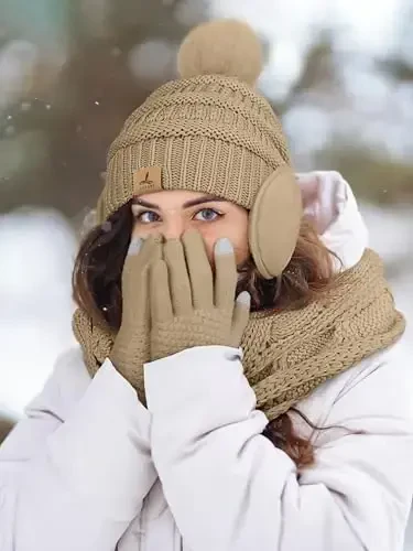 Winter Hat Scarf Gloves and Ear Warmer, Warm Knit Beanie Hat Touch Screen Gloves Set Winter Gifts Neck Scarves for Women - 6