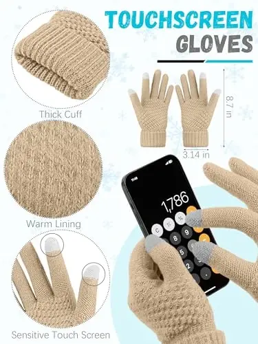 Winter Hat Scarf Gloves and Ear Warmer, Warm Knit Beanie Hat Touch Screen Gloves Set Winter Gifts Neck Scarves for Women - 3