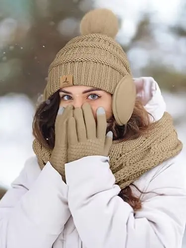 Winter Hat Scarf Gloves and Ear Warmer, Warm Knit Beanie Hat Touch Screen Gloves Set Winter Gifts Neck Scarves for Women - 6