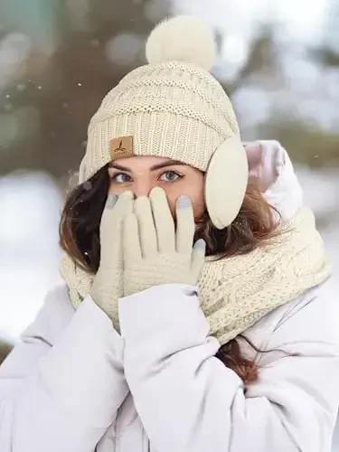 Winter Hat Scarf Gloves and Ear Warmer, Warm Knit Beanie Hat Touch Screen Gloves Set Winter Gifts Neck Scarves for Women - 6