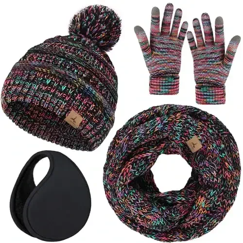 Winter Hat Scarf Gloves and Ear Warmer, Warm Knit Beanie Hat Touch Screen Gloves Set Winter Gifts Neck Scarves for Women - 1