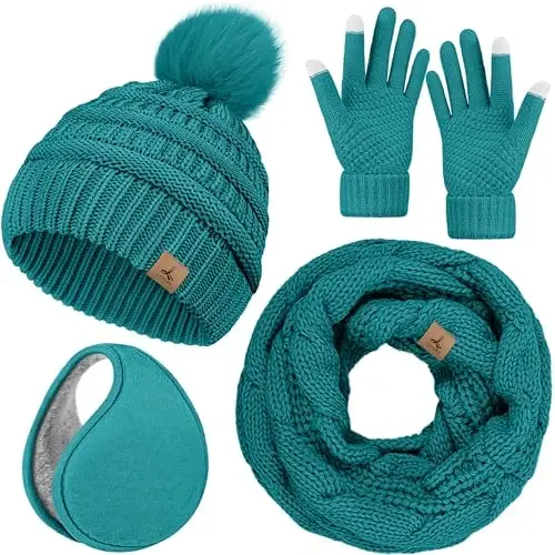 Winter Hat Scarf Gloves and Ear Warmer, Warm Knit Beanie Hat Touch Screen Gloves Set Winter Gifts Neck Scarves for Women 