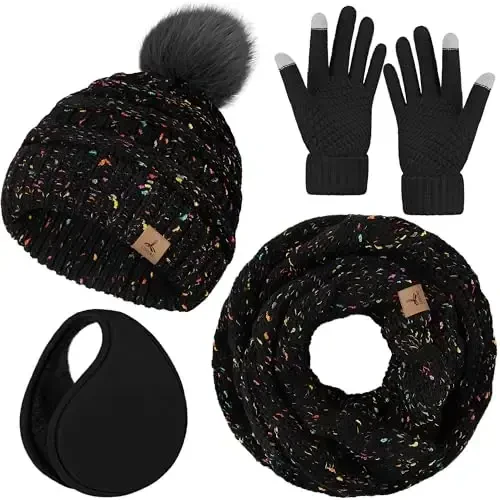 Winter Hat Scarf Gloves and Ear Warmer, Warm Knit Beanie Hat Touch Screen Gloves Set Winter Gifts Neck Scarves for Women 