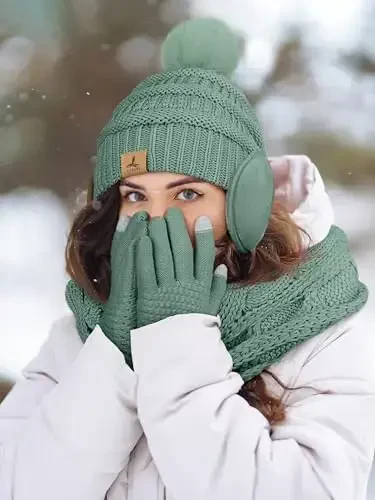 Winter Hat Scarf Gloves and Ear Warmer, Warm Knit Beanie Hat Touch Screen Gloves Set Winter Gifts Neck Scarves for Women - 6