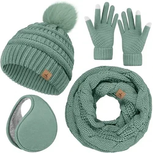 Winter Hat Scarf Gloves and Ear Warmer, Warm Knit Beanie Hat Touch Screen Gloves Set Winter Gifts Neck Scarves for Women 