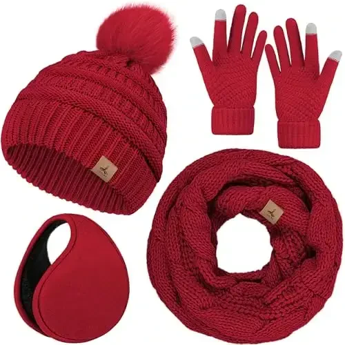 Winter Hat Scarf Gloves and Ear Warmer, Warm Knit Beanie Hat Touch Screen Gloves Set Winter Gifts Neck Scarves for Women - 1