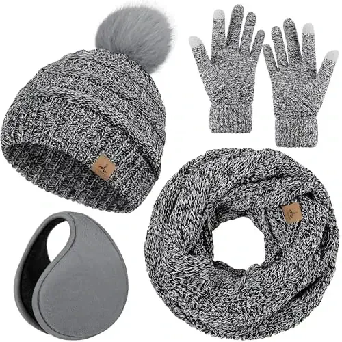 Winter Hat Scarf Gloves and Ear Warmer, Warm Knit Beanie Hat Touch Screen Gloves Set Winter Gifts Neck Scarves for Women - WINTER