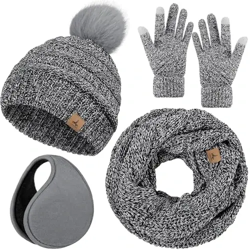 Winter Hat Scarf Gloves and Ear Warmer, Warm Knit Beanie Hat Touch Screen Gloves Set Winter Gifts Neck Scarves for Women - 1