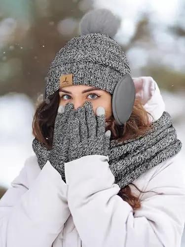 Winter Hat Scarf Gloves and Ear Warmer, Warm Knit Beanie Hat Touch Screen Gloves Set Winter Gifts Neck Scarves for Women - 6
