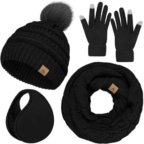 Winter Hat Scarf Gloves and Ear Warmer, Warm Knit Beanie Hat Touch Screen Gloves Set Winter Gifts Neck Scarves for Women 