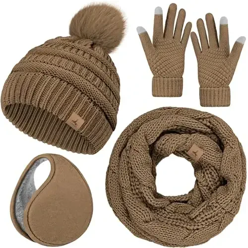 Winter Hat Scarf Gloves and Ear Warmer, Warm Knit Beanie Hat Touch Screen Gloves Set Winter Gifts Neck Scarves for Women - WINTER