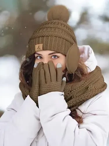 Winter Hat Scarf Gloves and Ear Warmer, Warm Knit Beanie Hat Touch Screen Gloves Set Winter Gifts Neck Scarves for Women - 6
