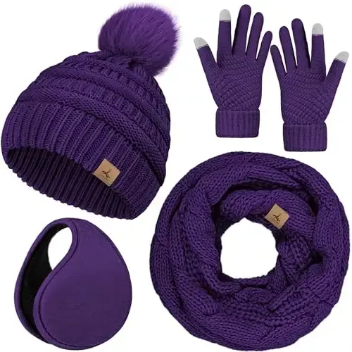 Winter Hat Scarf Gloves and Ear Warmer, Warm Knit Beanie Hat Touch Screen Gloves Set Winter Gifts Neck Scarves for Women - WINTER