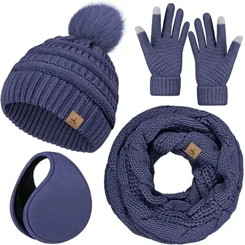 Winter Hat Scarf Gloves and Ear Warmer, Warm Knit Beanie Hat Touch Screen Gloves Set Winter Gifts Neck Scarves for Women - 1