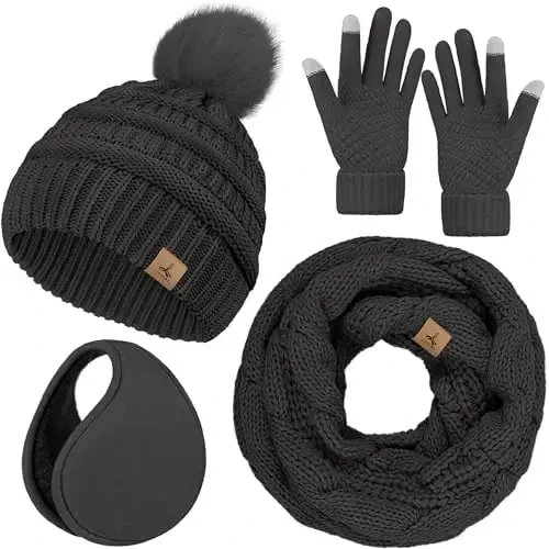 Winter Hat Scarf Gloves and Ear Warmer, Warm Knit Beanie Hat Touch Screen Gloves Set Winter Gifts Neck Scarves for Women 
