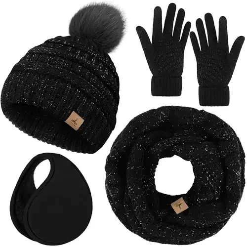 Winter Hat Scarf Gloves and Ear Warmer, Warm Knit Beanie Hat Touch Screen Gloves Set Winter Gifts Neck Scarves for Women 