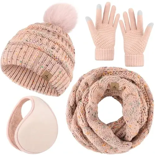 Winter Hat Scarf Gloves and Ear Warmer, Warm Knit Beanie Hat Touch Screen Gloves Set Winter Gifts Neck Scarves for Women - 1